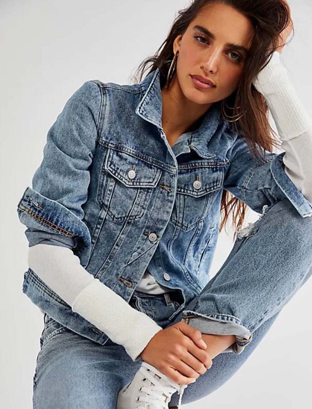 Free People Rumors Denim Jacket Size L Indigo Acid Wash